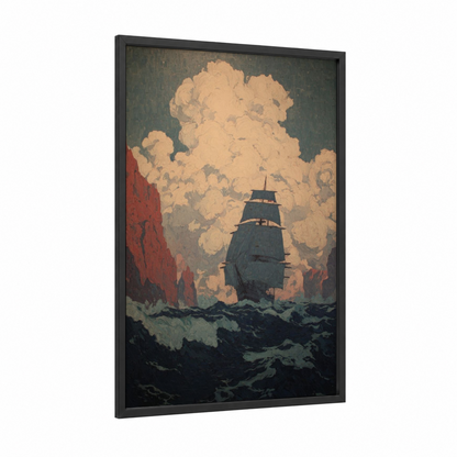Dramatic Sailing Ship framed art print — black wood frame — black and gold and maroon palette