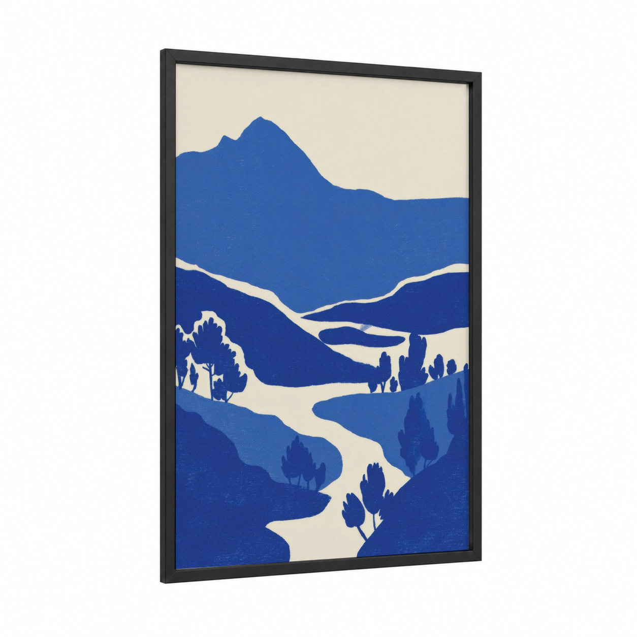 Blue Valley Landscape framed various landscapes print — black wood frame — blue and cream palette