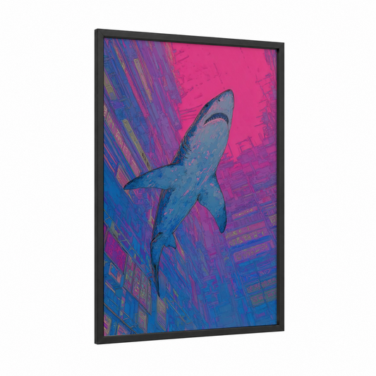 Neon Shark framed basking shark print — black wood frame — magenta and blue palette