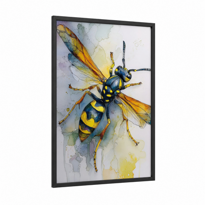 Golden Wasp framed art print — black wood frame — yellow gold and blue palette
