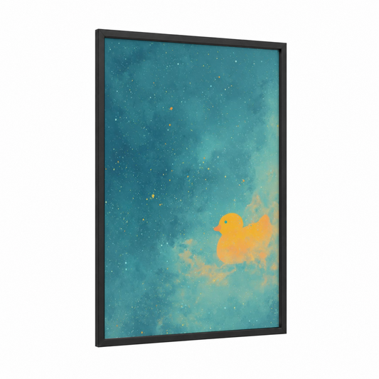 Golden Nebula Duck framed art print — black wood frame — teal and gold palette