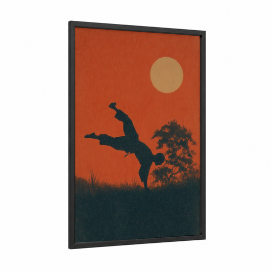 Sunset Capoeira framed art print — black wood frame — orange and black palette