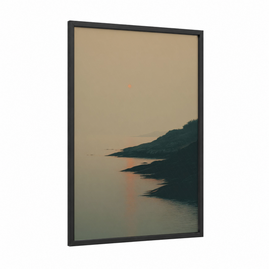 Misty Sunset Coast framed art print — black wood frame — beige and dark blue palette