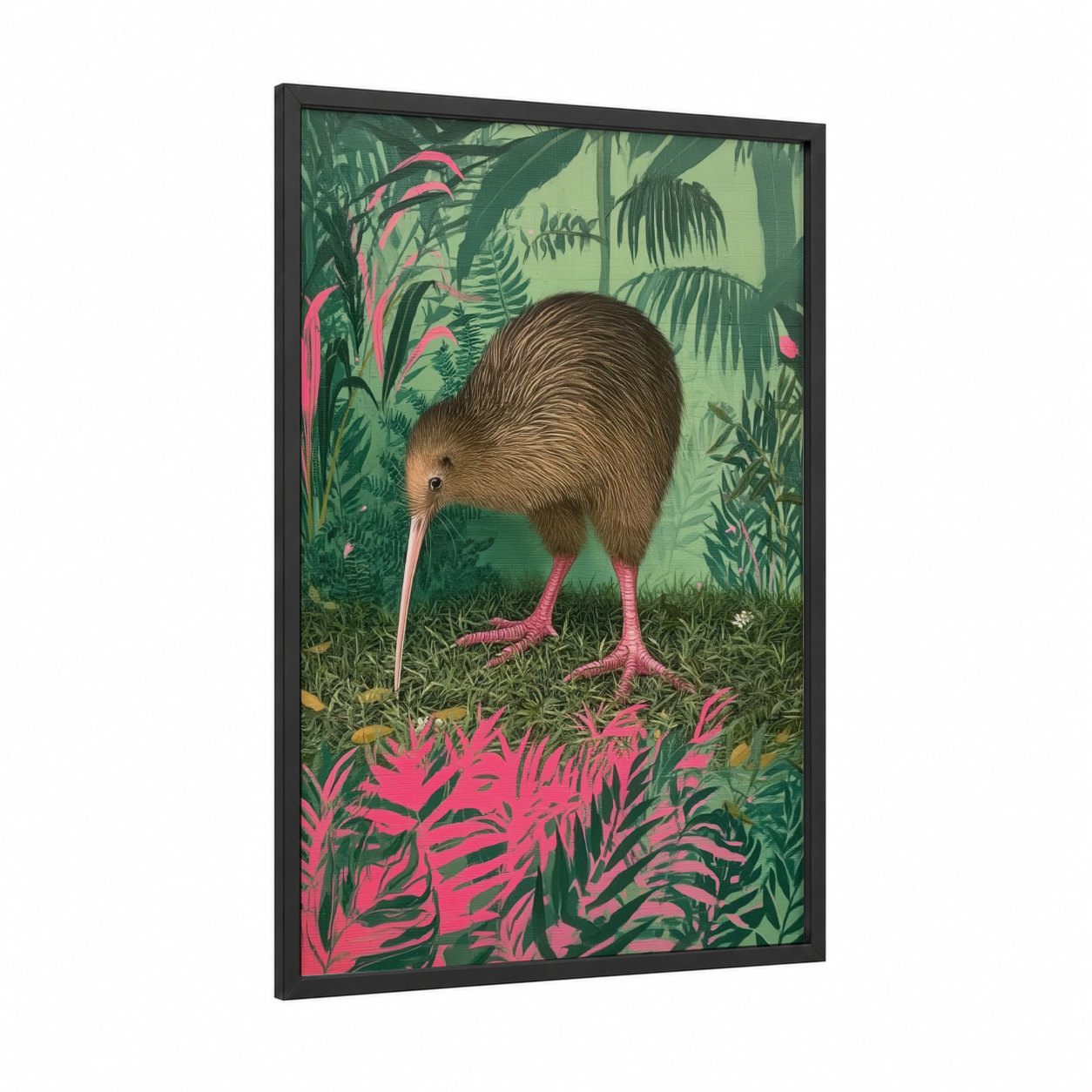 Tropical Kiwi framed art print — black wood frame — light green and magenta palette