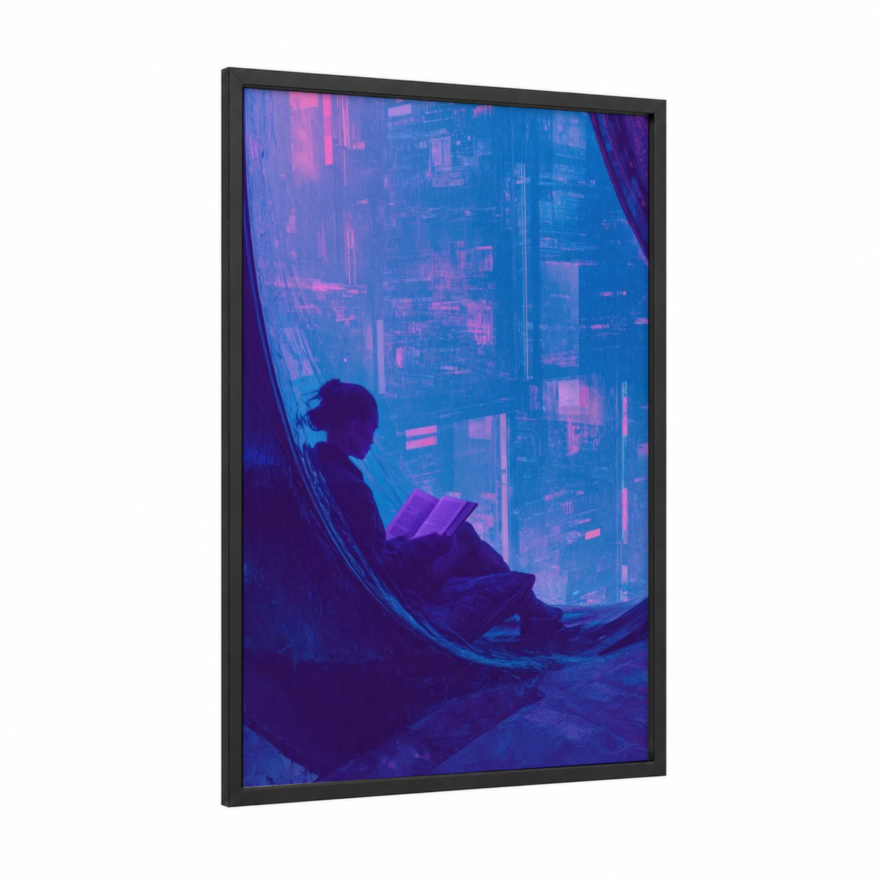 Neon Reader framed reading print — black wood frame — blue and magenta palette