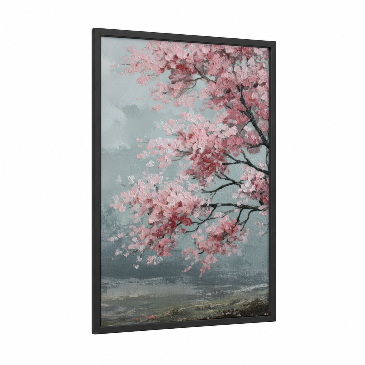 Misty Cherry Blossoms framed art print — black wood frame — pink and gray palette