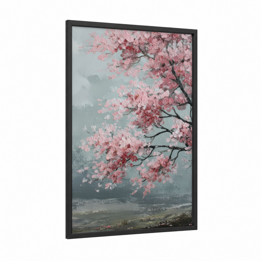 Misty Cherry Blossoms framed art print — black wood frame — pink and gray palette