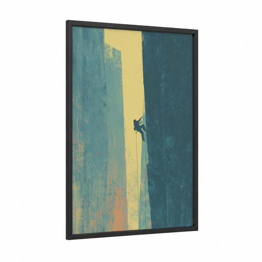 Sunlit Climber framed rock climbing print — black wood frame — teal and yellow gold palette