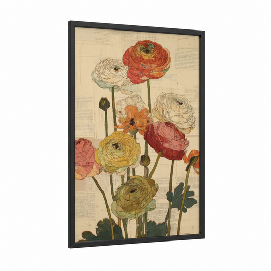 Botanical Ranunculus framed art print — black wood frame — gold and cream palette