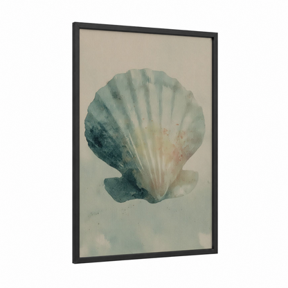 Sage Seashell framed art print — black wood frame — sage green and cream palette