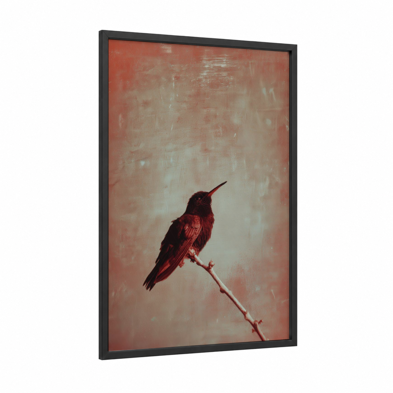 Crimson Hummingbird framed art print — black wood frame — maroon and cream palette