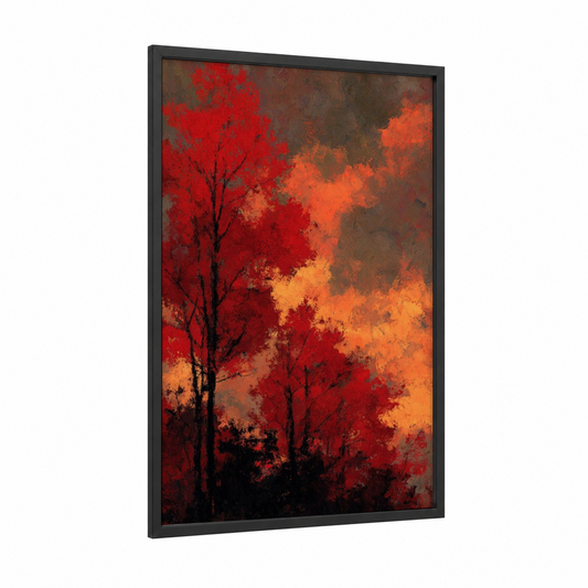 Crimson Maple Forest framed art print — black wood frame — red and orange palette