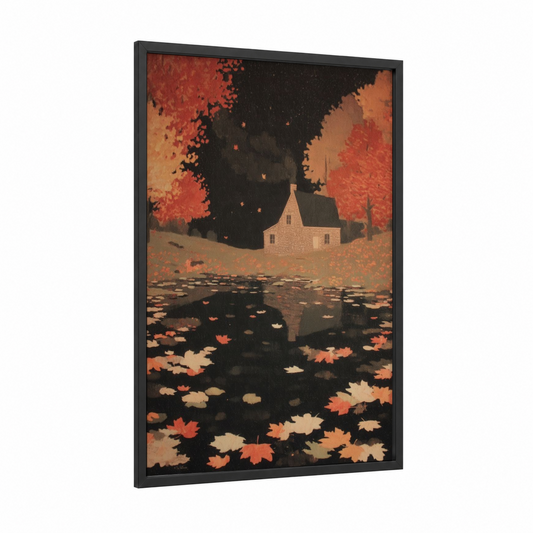 Autumn Canal Reflection framed art print — black wood frame — russet and black palette