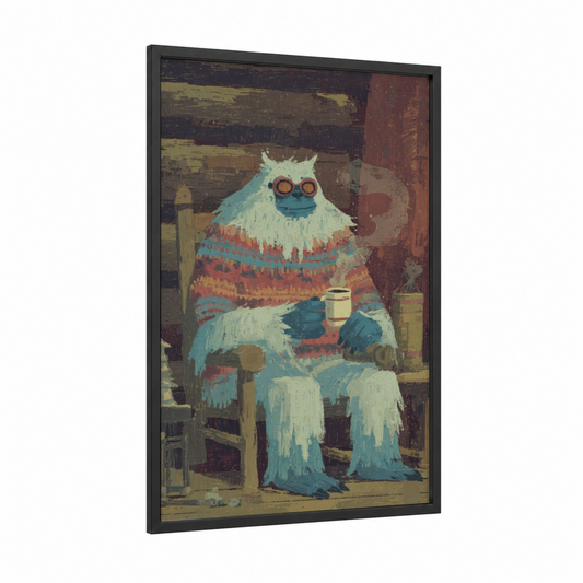 Cozy Yeti framed art print — black wood frame — russet and cream palette