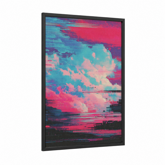 Neon Nebula Dream framed art print — black wood frame — magenta and turquoise palette