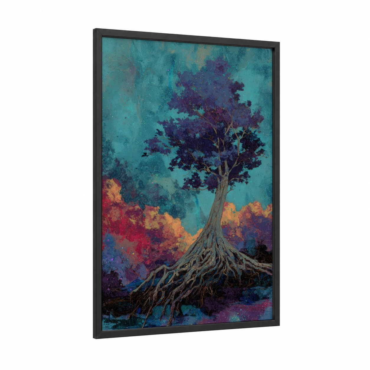 Twilight Kauri framed kauri tree print — black wood frame — teal and purple palette