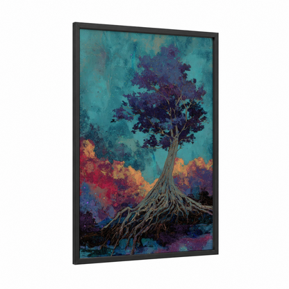 Twilight Kauri framed kauri tree print — black wood frame — teal and purple palette