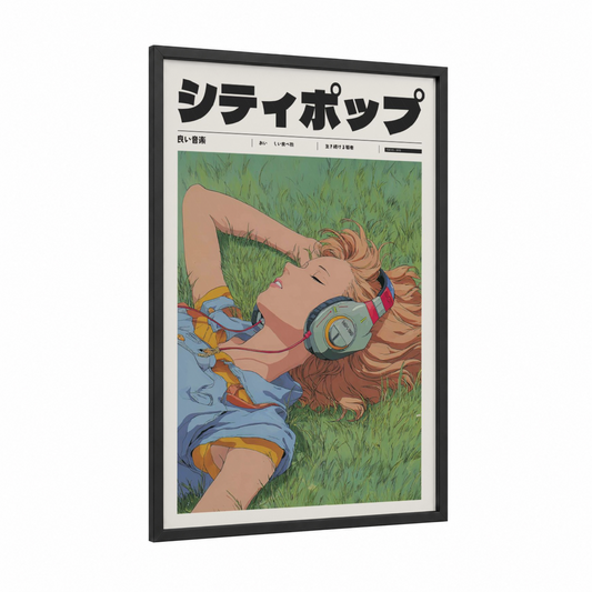 Dreamy Anime Girl framed anime and manga print — black wood frame — light green and peach palette