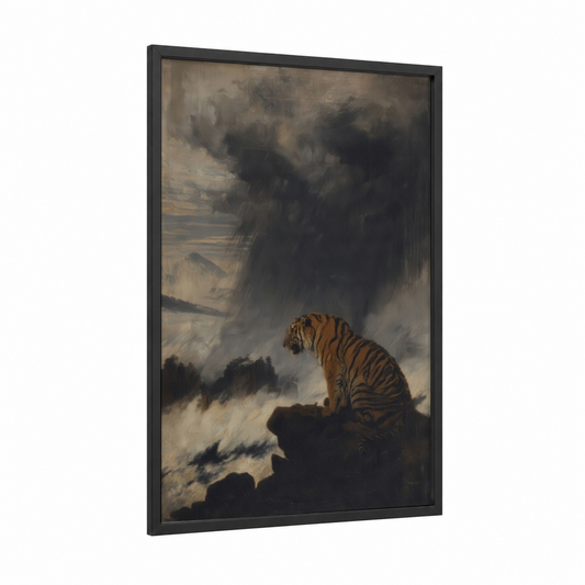 Mountain Tiger framed art print — black wood frame — gray and beige palette