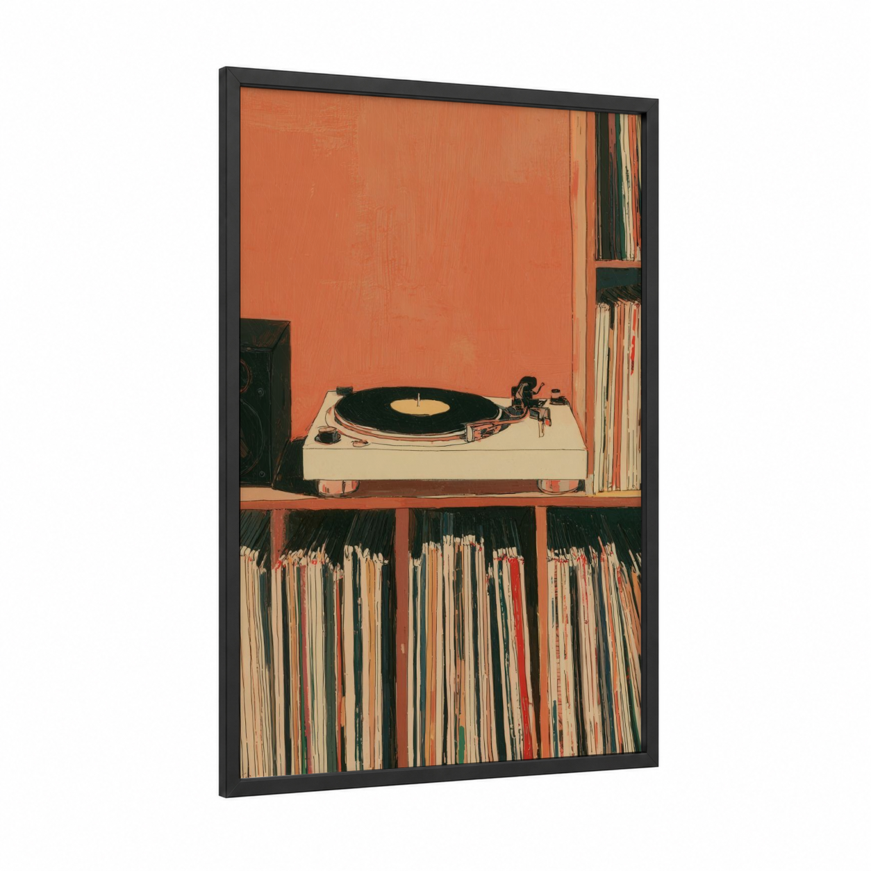 Vintage Turntable Setup framed vinyl records print — black wood frame — orange and black and white palette