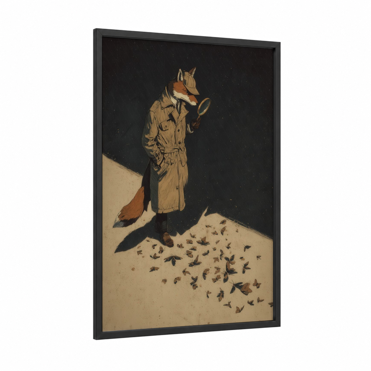 Detective Fox framed art print — black wood frame — cream and russet palette
