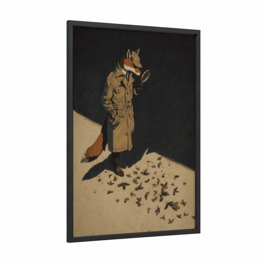 Detective Fox framed art print — black wood frame — cream and russet palette