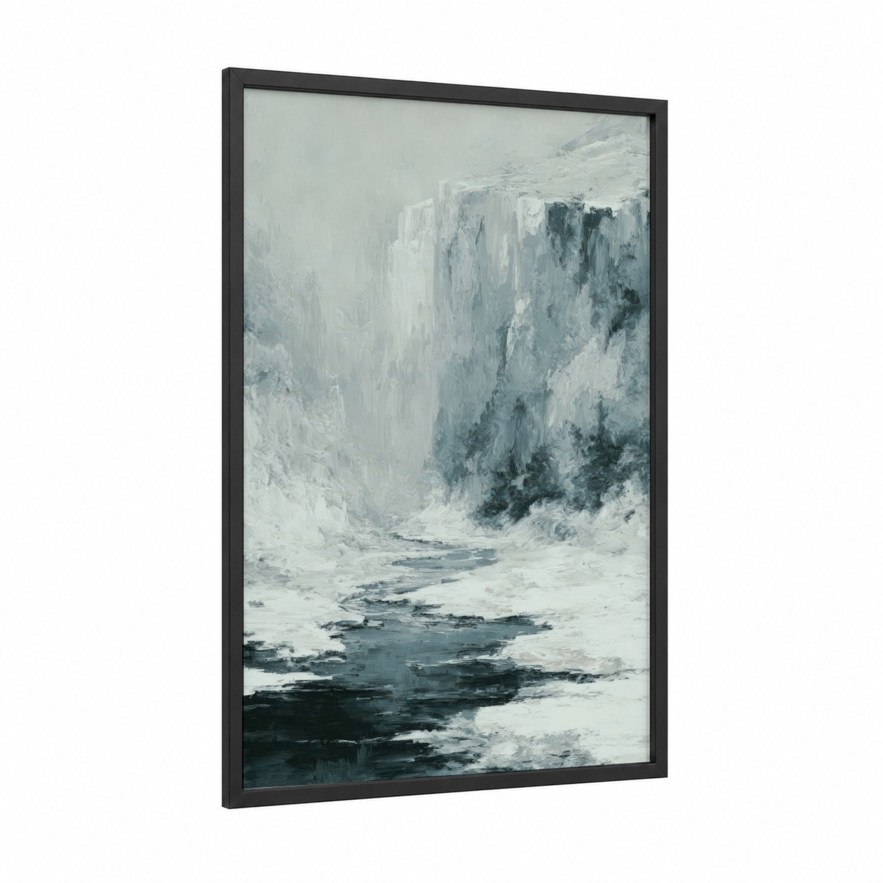 Frozen Canyon framed glacier print — black wood frame — gray and white and blue and white palette
