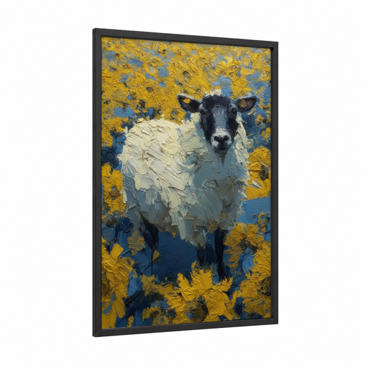 Golden Meadow Sheep framed art print — black wood frame — yellow gold and blue palette