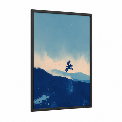 Mountain Air Motocross framed art print — black wood frame — blue and cream palette