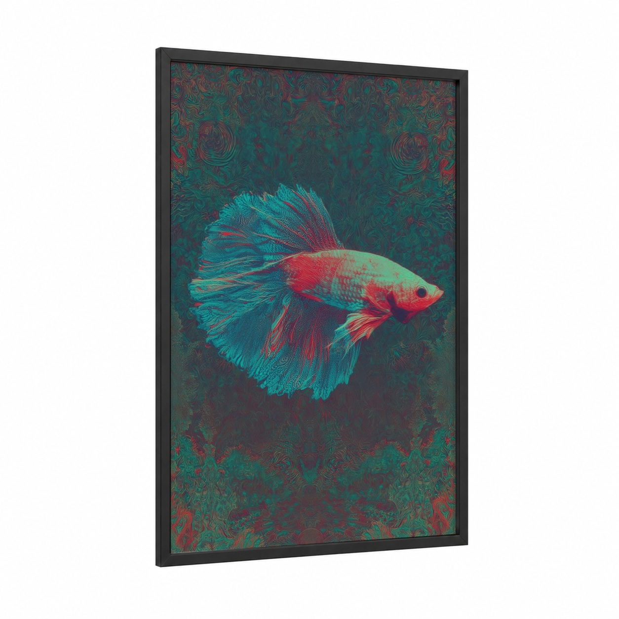 Crimson Betta Glory framed fighting fish print — black wood frame — teal and red palette
