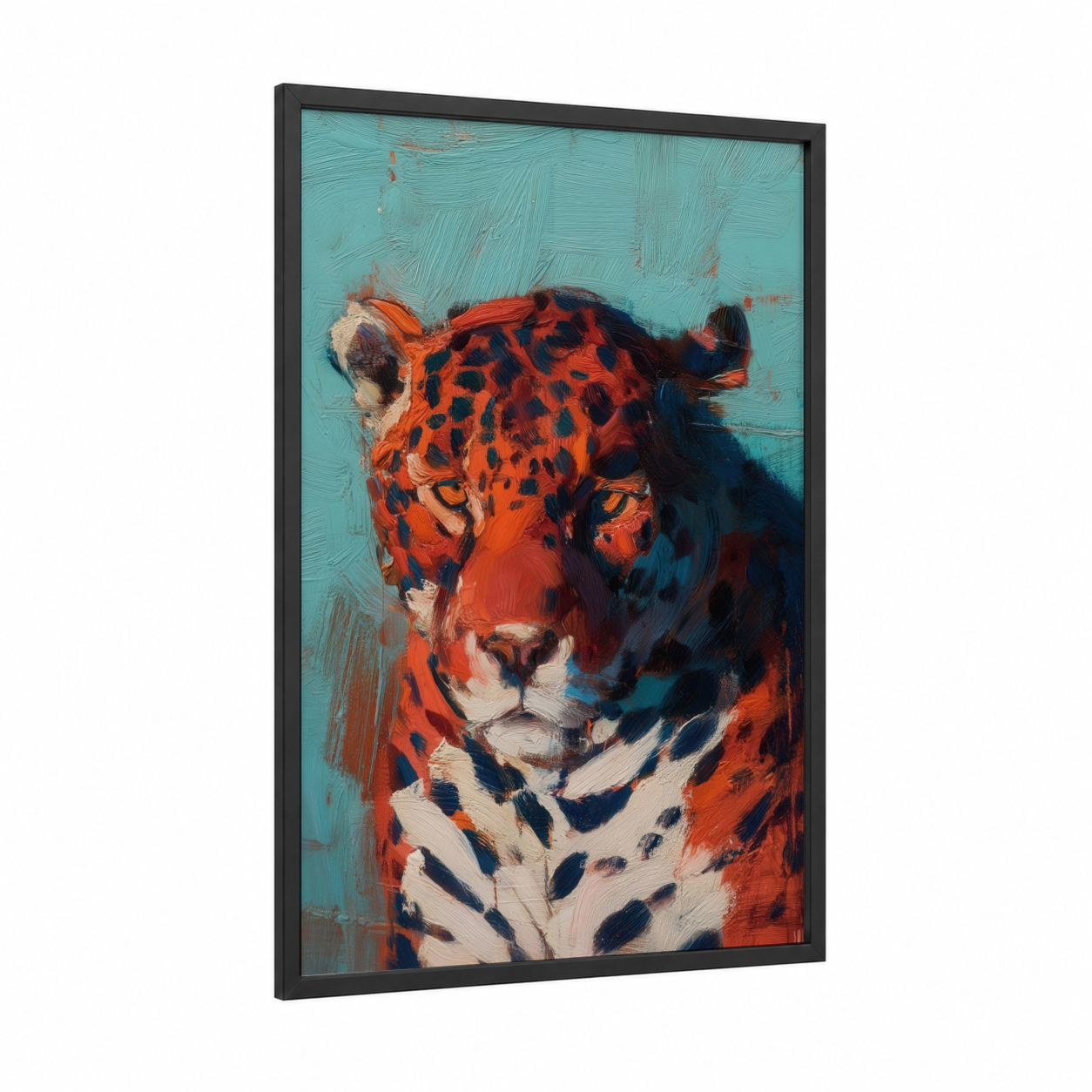 Crimson Jaguar framed art print — black wood frame — orange and teal palette