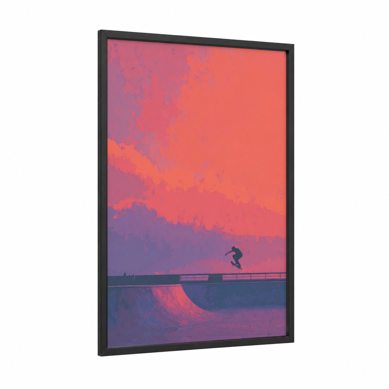 Sunset Skateboarder framed skateboarding print — black wood frame — pink and orange palette