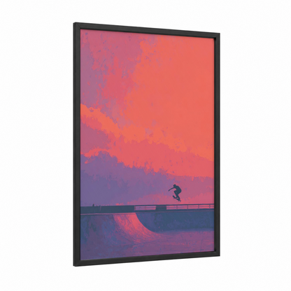 Sunset Skateboarder framed skateboarding print — black wood frame — pink and orange palette