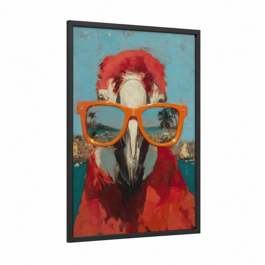 Tropical Macaw Cool framed art print — black wood frame — red and blue and white palette