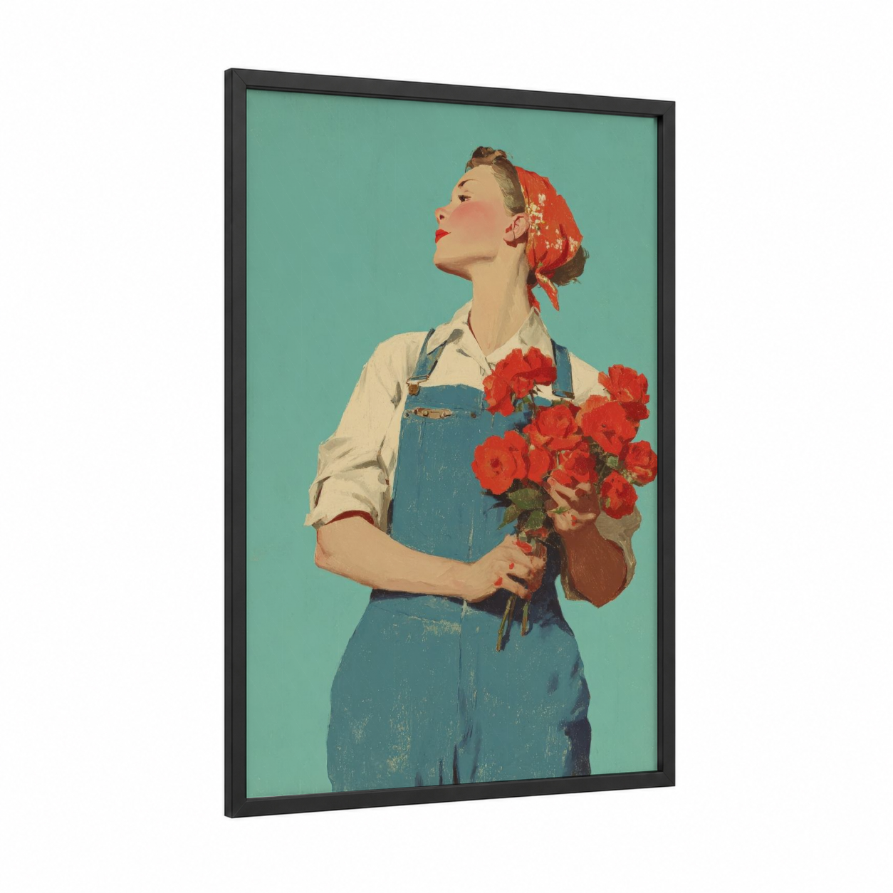 May Day Gardener framed art print — black wood frame — teal and red palette