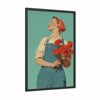 May Day Gardener framed art print — black wood frame — teal and red palette