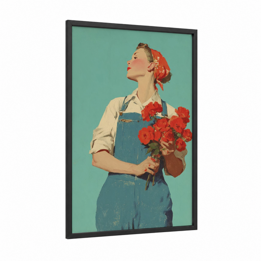May Day Gardener framed art print — black wood frame — teal and red palette