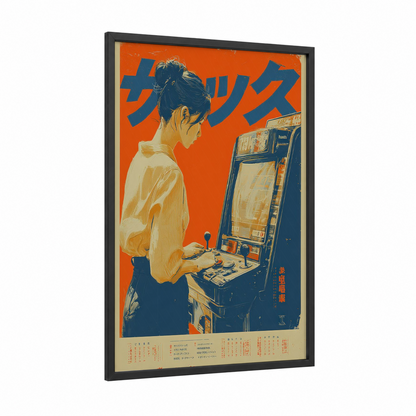 Arcade Player Retro framed vintage japanese ads print — black wood frame — orange and blue palette