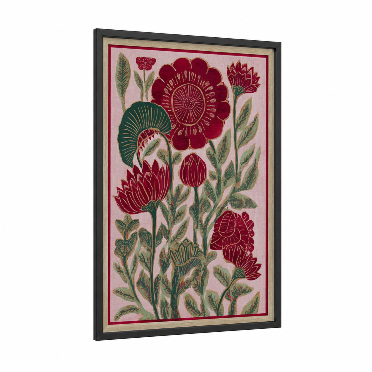 Ornamental Floral Study framed abstract flower print — black wood frame — maroon and rose gold palette