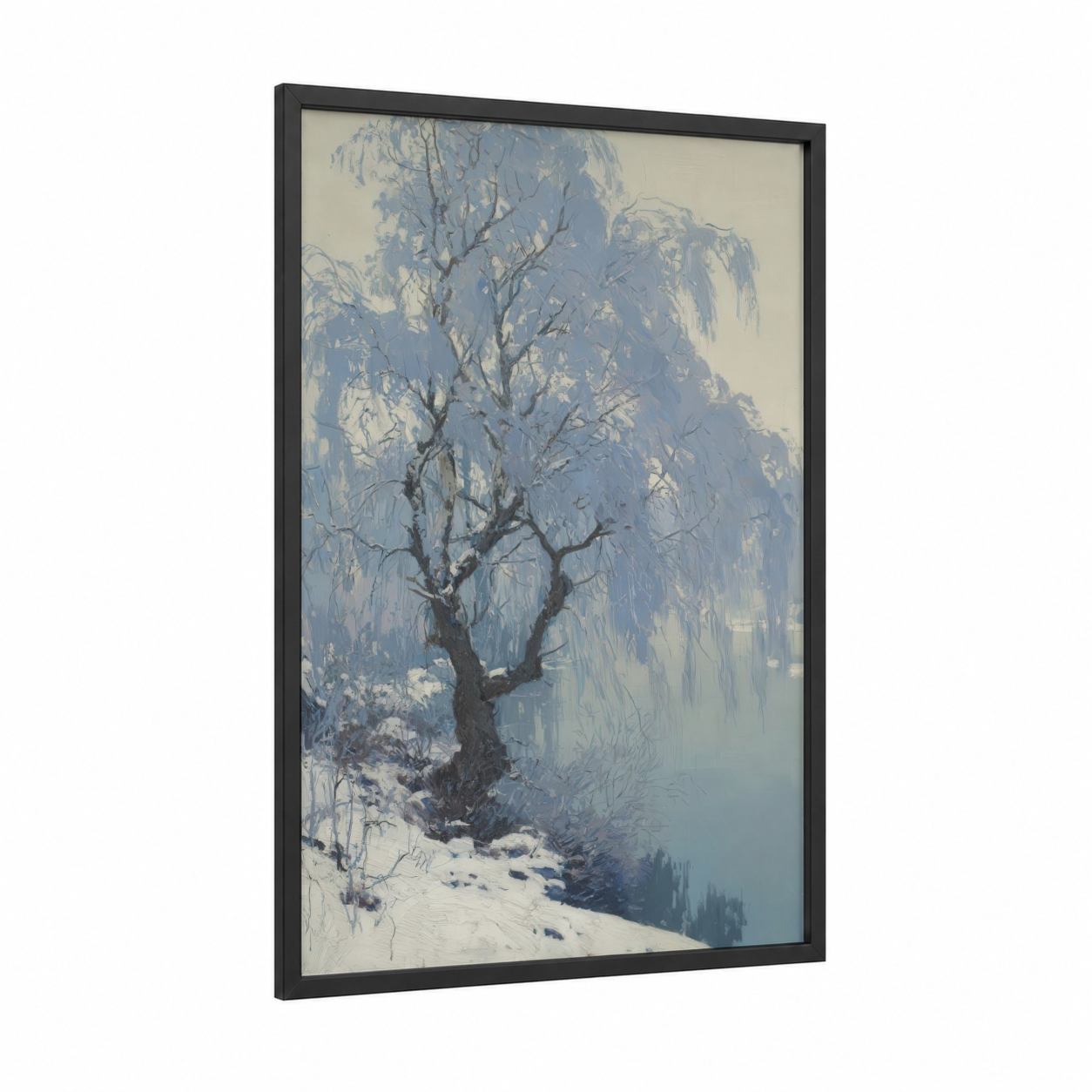 Frozen Willow framed willow tree print — black wood frame — blue and white palette