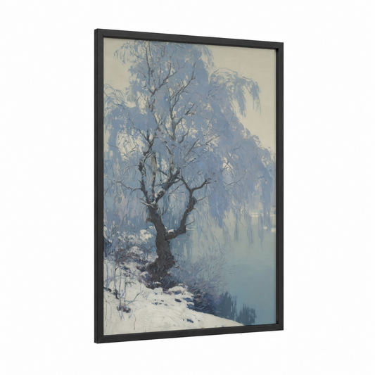 Frozen Willow framed willow tree print — black wood frame — blue and white palette