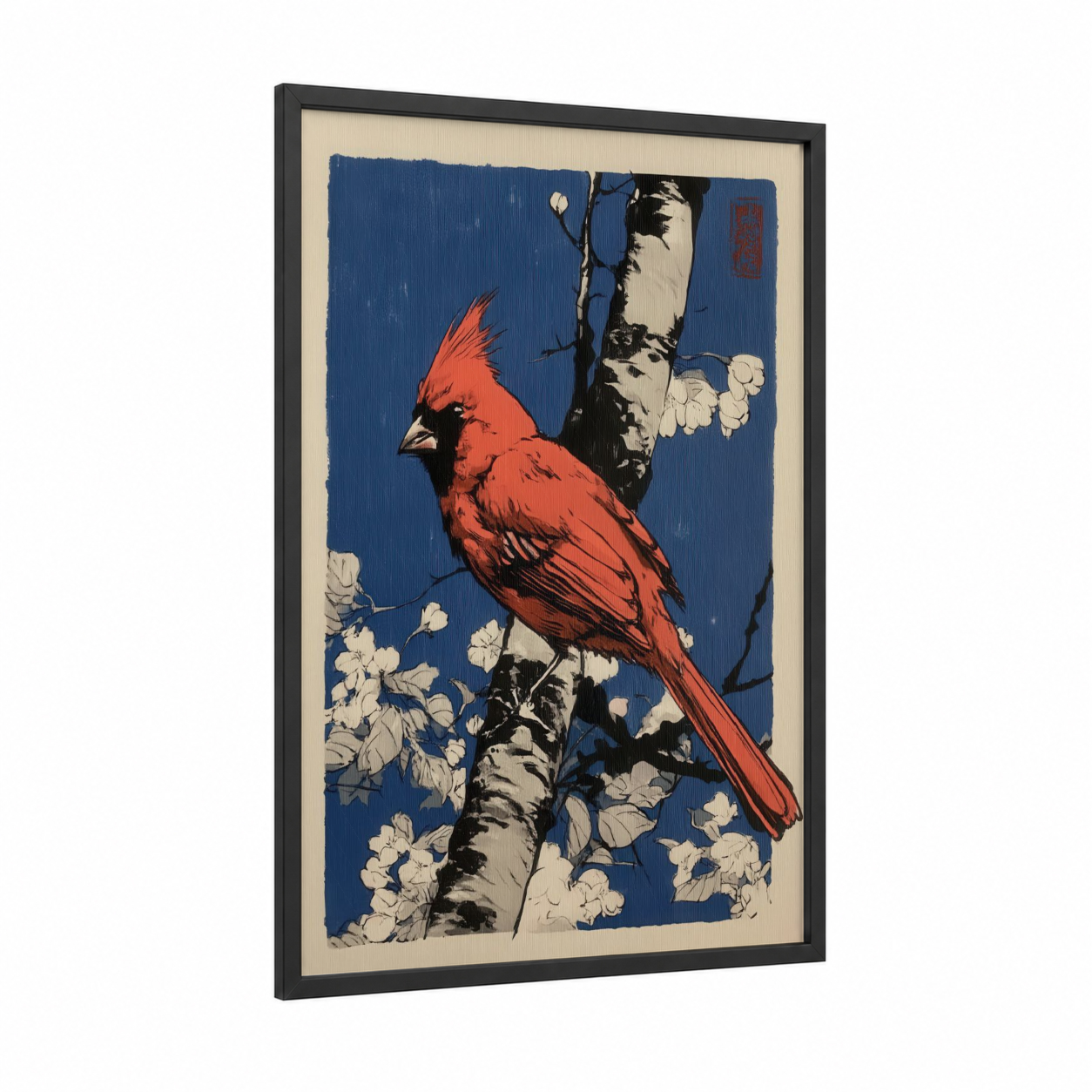 Scarlet Cardinal Birch framed art print — black wood frame — red and royal blue palette