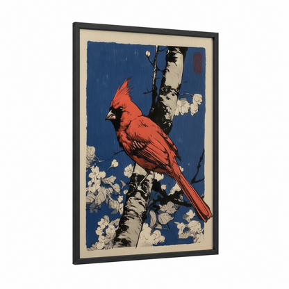 Scarlet Cardinal Birch framed art print — black wood frame — red and royal blue palette