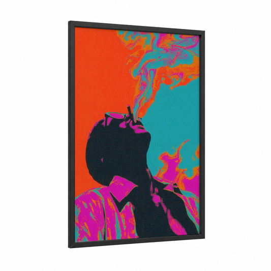 Neon Smoke framed art print — black wood frame — orange and magenta palette