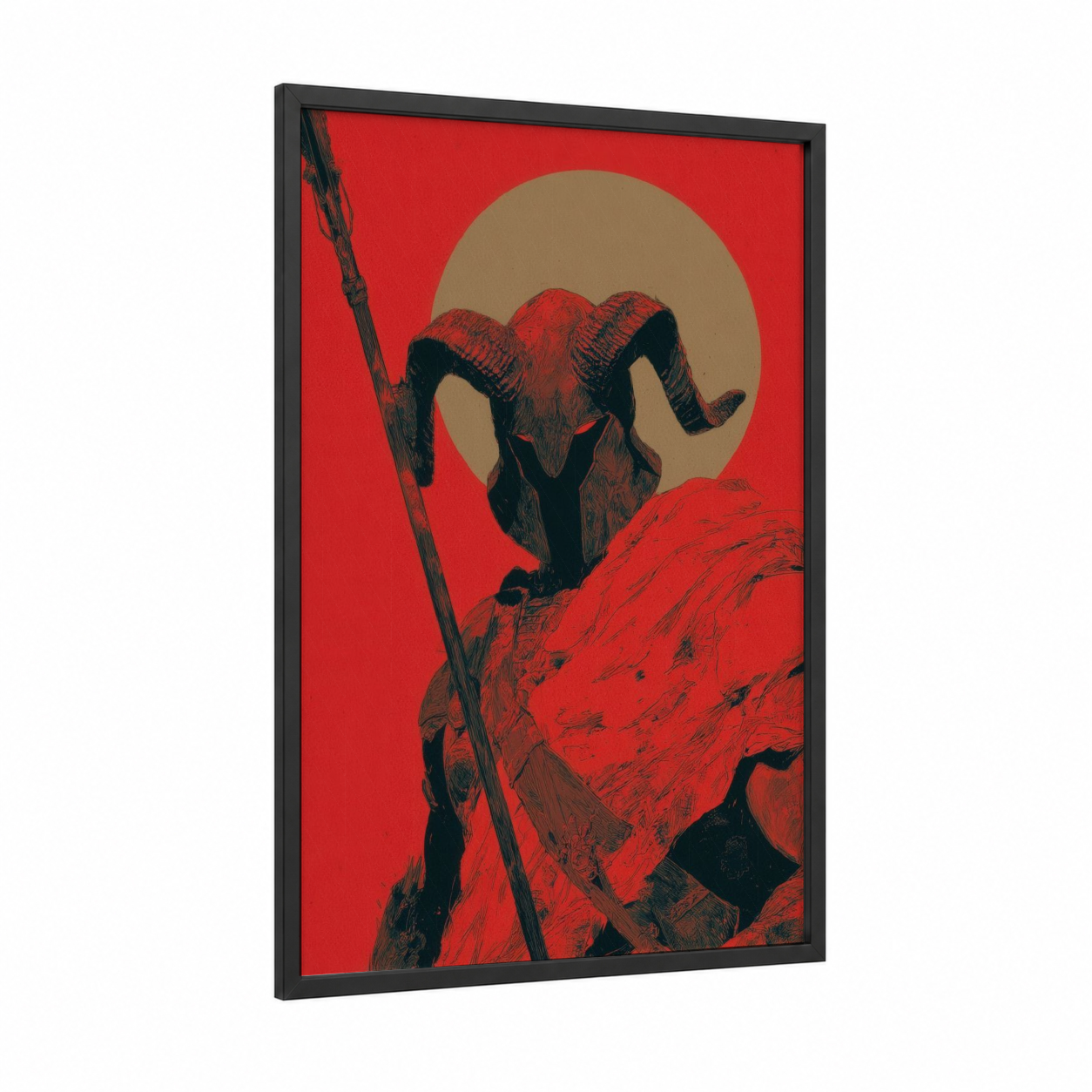 Crimson Aries framed art print — black wood frame — red and gold palette