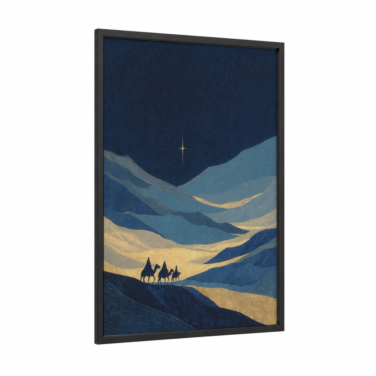 Desert Epiphany framed art print — black wood frame — dark blue and gold palette