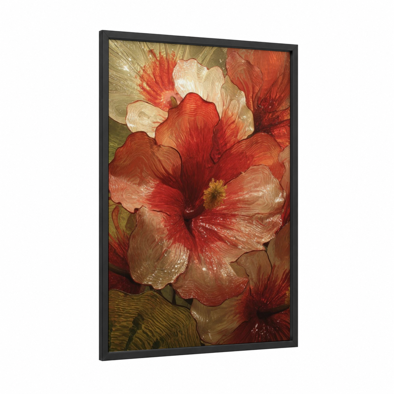 Crimson Hibiscus Bloom framed art print — black wood frame — red and gold palette