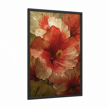 Crimson Hibiscus Bloom framed art print — black wood frame — red and gold palette