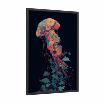 Floral Jellyfish framed art print — black wood frame — gold and teal palette