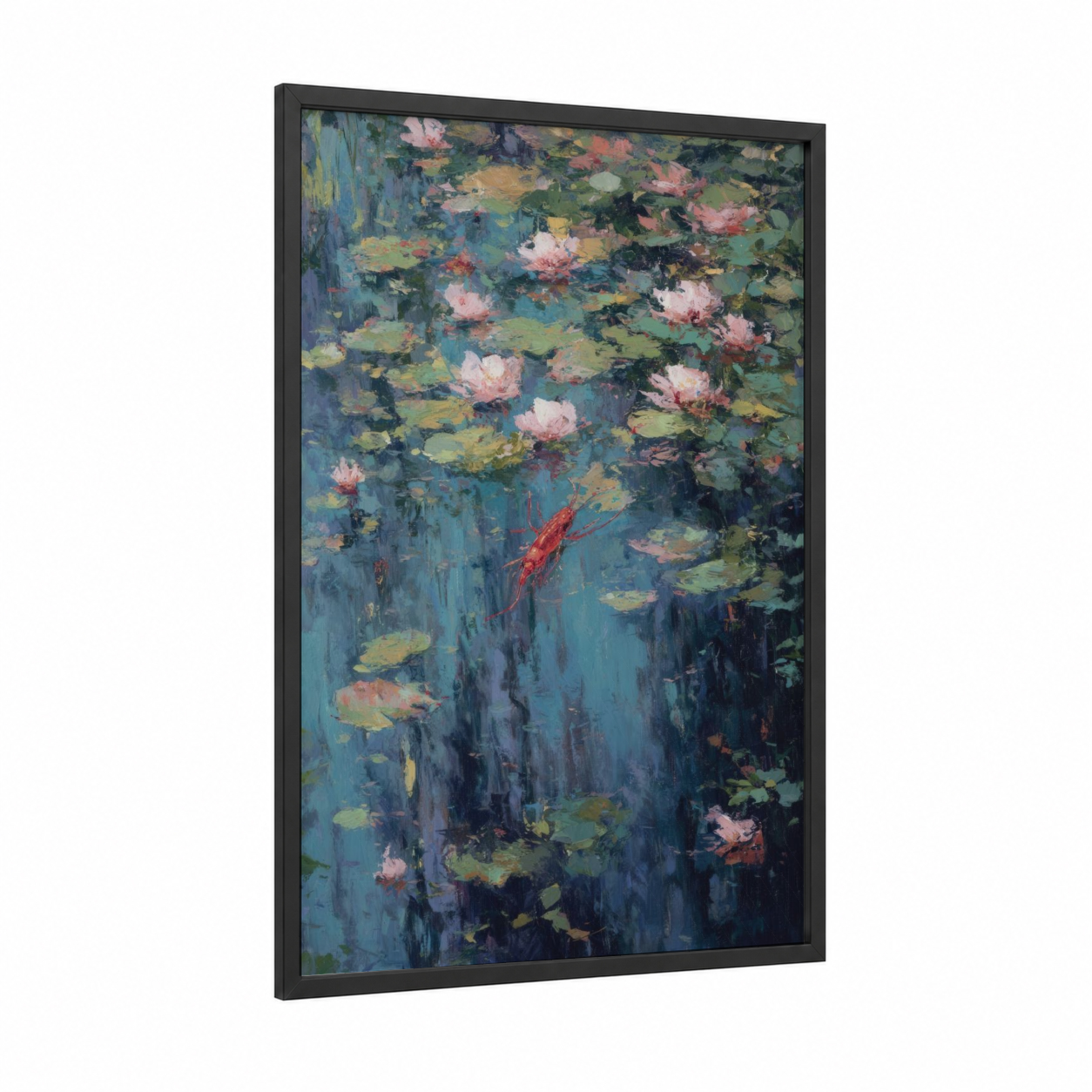 Water Lily Crayfish framed art print — black wood frame — teal and pink palette